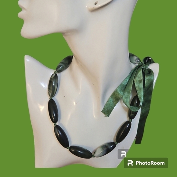 Hand Crafted Jewelry - HANDMADE Moss Acrylic Marble Bead Ribbon Knotted Bow Necklace
